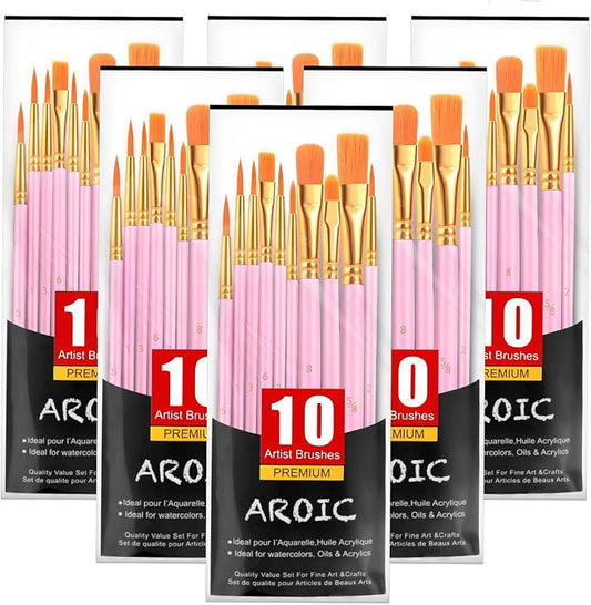 AROIC Acrylic Paint Brushes, 6 Packs/60 pcs Nylon Hair Paint Brush Set | All Purpose Oil Watercolor Painting Artist Professional Kits (Pink)