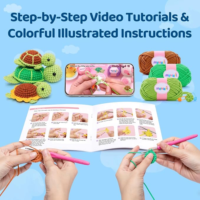 Mewaii Crochet Kit for Beginners, 3 Pack Sea Turtles Craft Set | 40% Extra Yarn, Video Tutorial, Pre-Started Piece, Beginner Friendly, Family Craft Gift for Adults & Kids