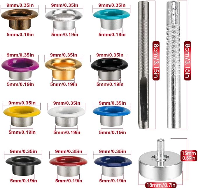 Metal Eyelets, 600Pcs 12 Colors 3/16 inch Metal Grommets Kit, Multi-Color Grommets Kit, Metal Eyelets Set with 3 Pieces Installation Tool and Storage Box for DIY Shoes Clothes Crafts Bag