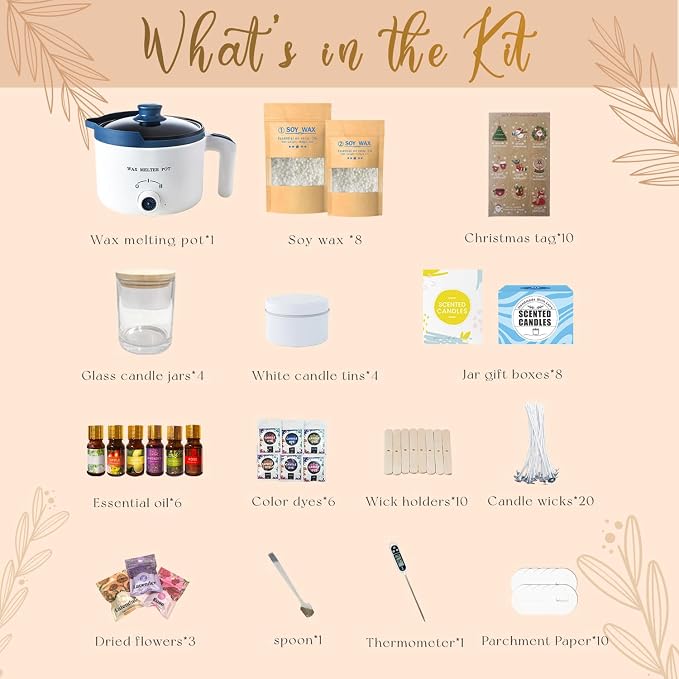 DIY Scented Candle Making Kit for Adults with Glass Jars | Pro Candle Maker Set with Wax Meling Pot and Thermometer, Dried Flowers, Pleasant Scents, Color Dyes & More