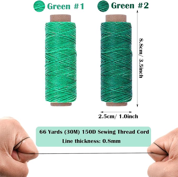 2 PCS Leather Sewing Waxed Thread, Each of 33 Yards 150D Sewing Thread Cord for Leather Craft DIY Supplies, Shoes Repairing, Green and Light Green