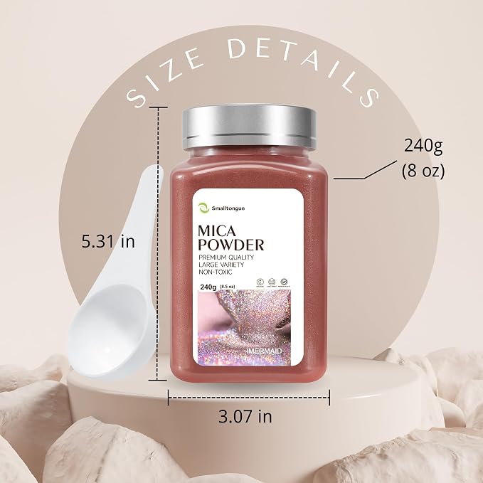 Mica Powder, Imermaid, 240g with Scoop, Complies with ASTM D-4236 | For Epoxy Resin, Soap, Bath Bomb, Candle| Safety Material| Odorless| Brilliant Colors