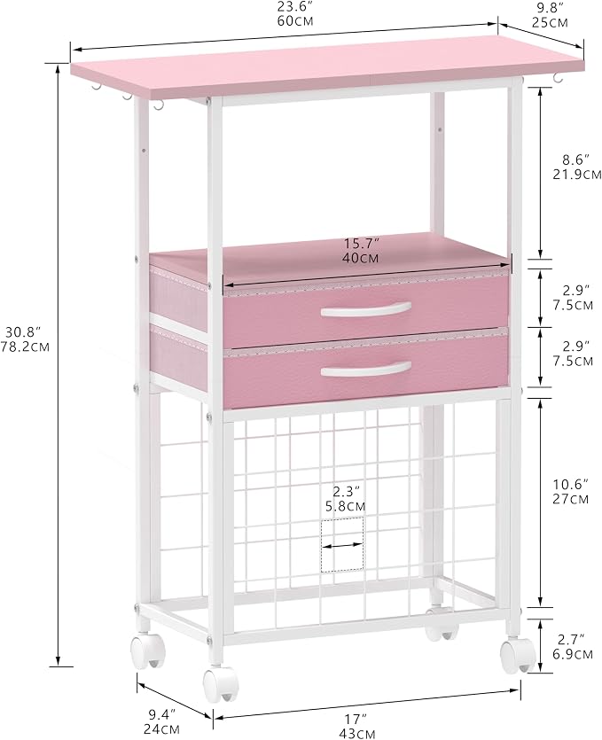 VENNQD Organizer and Storage Stand Compatible with Cricut Machines, Rolling Storage Cart/Shelf with 24 Vinyl Roll Holders, 2 Fabric Drawer, Accessories Holder, Tool Hook for Craft Room Home (Pink)