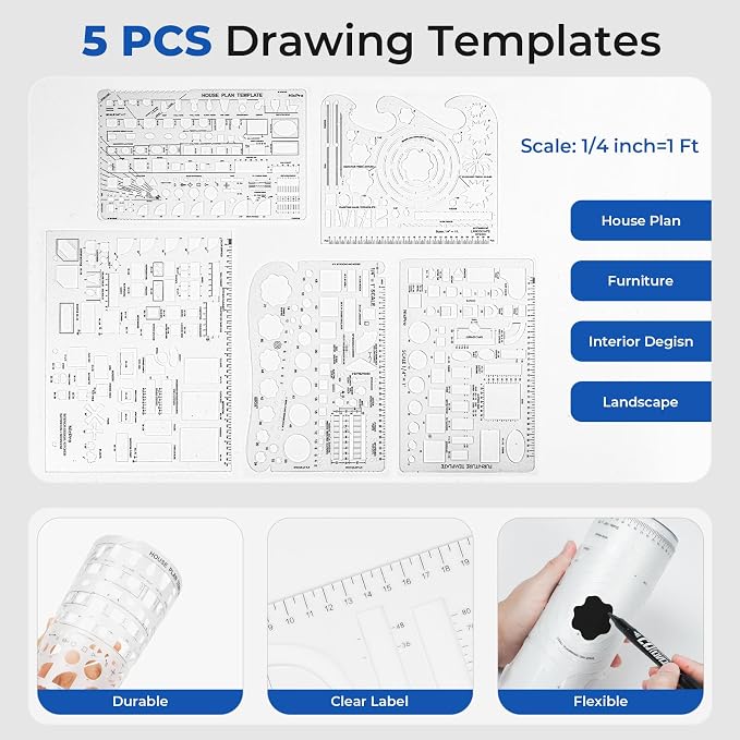 Nicpro 30PCS Professional Drafting Tools & Geometry Set with Case | Architect Protractor Set, Metal Mechanical Pencil Pen, Scale Metal Ruler, 5 Drawing Templates for Interior Design House Plan
