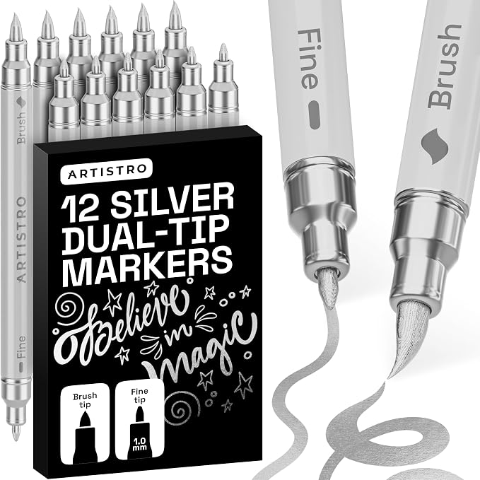 ARTISTRO 12 Silver Dual-Tip Acrylic Paint Marker Pens for Drawing | For Fabric, Rock, Glass, Wood, & Molds, Arts & Crafts Gift for Adults, Teens, & Kids, Classroom Must Haves & School Supplies