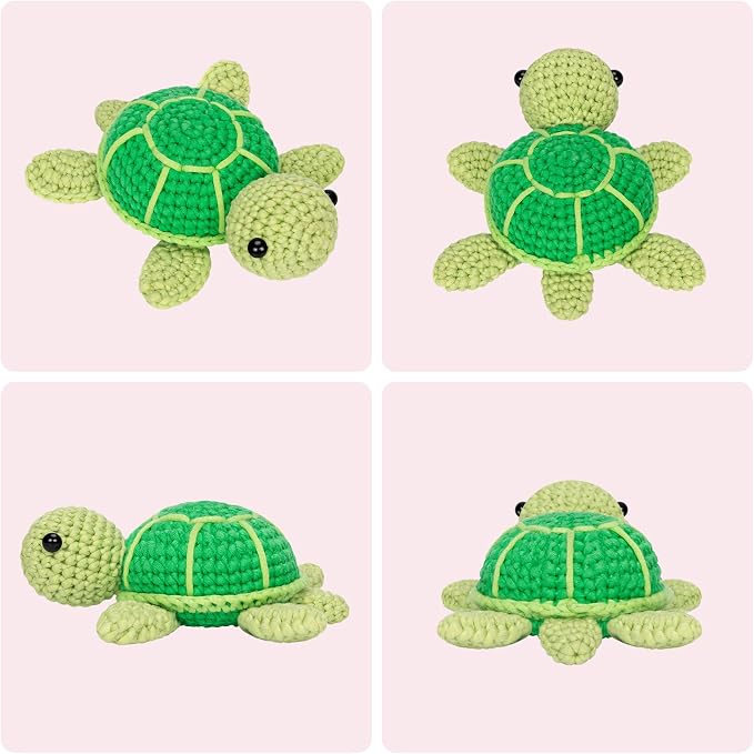 Mewaii Green Sea Turtle Crochet Kit for Beginners, 40% Extra Yarn | Video Tutorial, Pre-Started Piece, Gift Box, Level 1 Starter Kit, Family Craft for Adults, Kids & Beginners