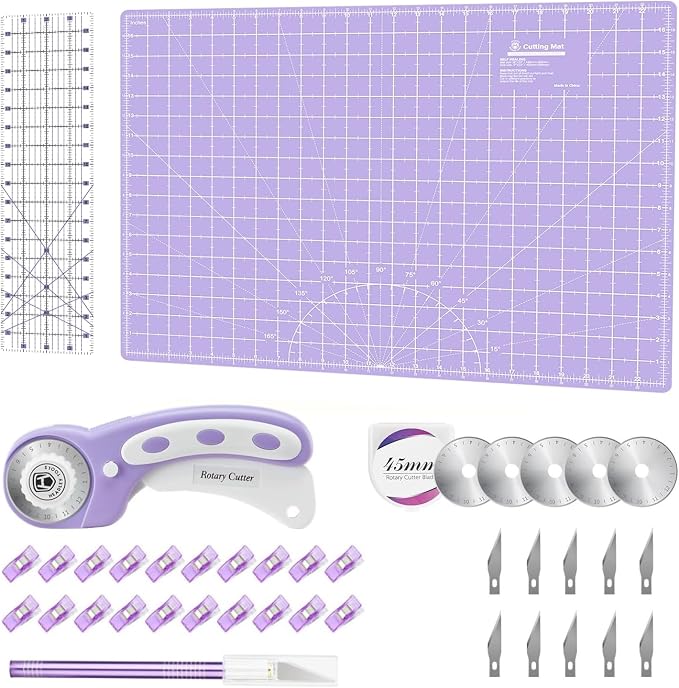 Rotary Cutter Set Purple - Quilting Kit incl. 45mm Fabric Cutter, 5 Replacement Blades, A2 Cutting Mat, Acrylic Quilting Ruler, Sewing Clips, Craft Knife Set, Ideal for Crafting, Sewing, Patchworking