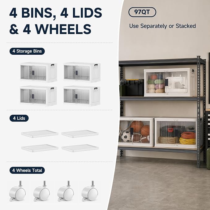 OlarHike 97QT Storage Bins with Lids for Closet, Office, Shelves, 4 Pack | Multi-Lid, Lockable Stackable, Large Capacity, Doors & Wheels, Garage, School, Foldable Containers & Organizers, Warehouse