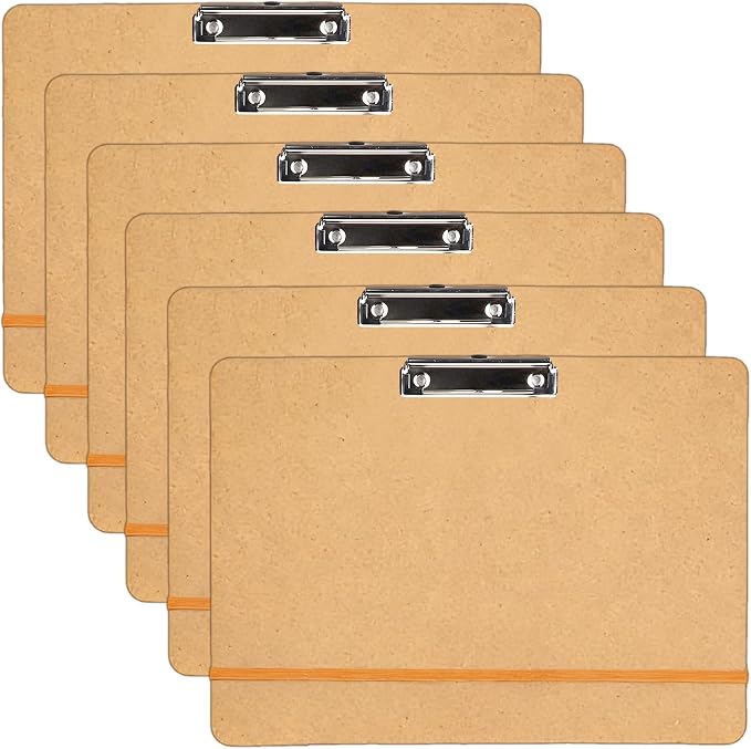6 Pcs 11x17 Clipboard, Wooden Landscape Lap Board with Low Profile Clip & Rubber Band, Horizontal Large Art Boards for Drawing Sketching