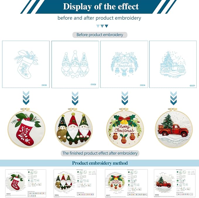 Zhenqing Christmas Embroidery Kit for Beginners - 4 Piece 29x29cm Round Hoop Art with Pre-Printed Cotton Fabric, Embroidery Hoop, Threads & Tools (Merry Christmas, Stocking, Truck, Gnomes)