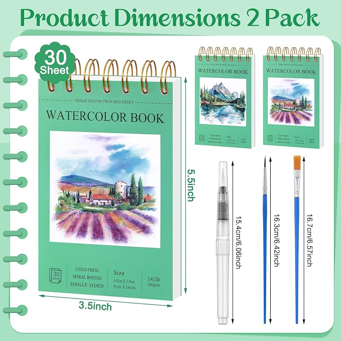 2 Small Watercolor Sketchbook with Watercolor Brushes, 3.5" x 5.5"