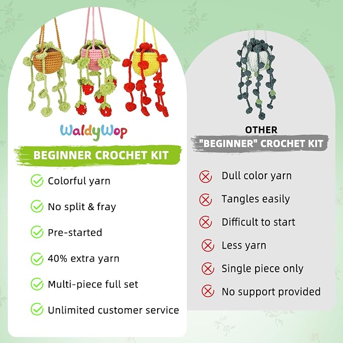 WaldyWop Crochet Kit for Beginners: 3 PCS Hanging Potted Crochet Plants Kits for Adults Kids 8-12 - Easy Video Tutorials & Printed Instructions & 40% Extra Yarn - DIY Birthday Gift Set for Girls Women