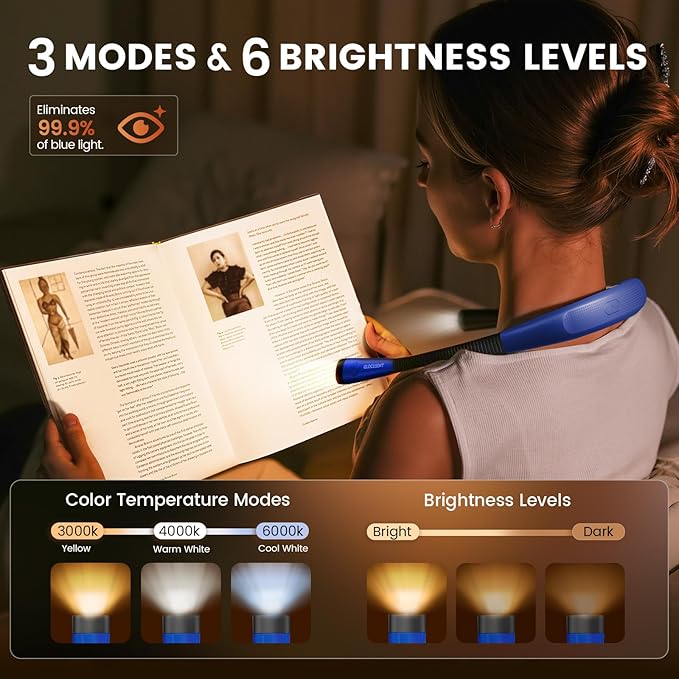 Glocusent Reading Light,Blue Neck Light,80-hr Rechargeable Book Light | 3-Color&6-Brightness, USB-C,LED Neck Reading Light,Women, Camping, Repairing,Crafting,Crochet, Christmas, Book Lovers Gifts