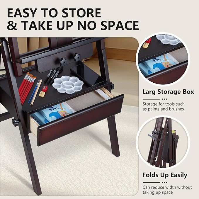 Beech Wood H-Frame Painting Easel with Storage Drawer, Walnut