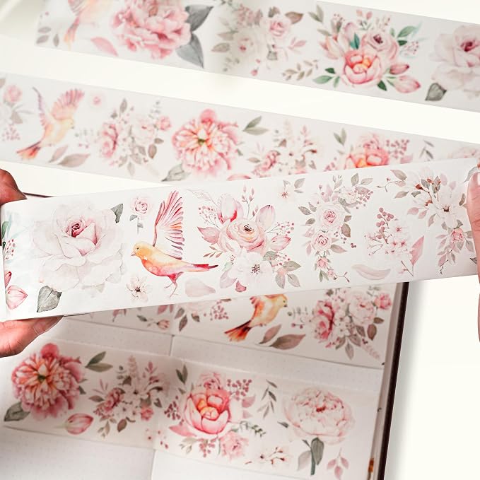 WT Pre-Cut Pink Velvet Wide PET Tape, Single Roll, Original Designs, Transparent Floral Adhesive, Durable Decorative Clear Tape for Journaling, Scrapbook, Planner, DIY Crafts, Bujo Supplies, 60mm×5m