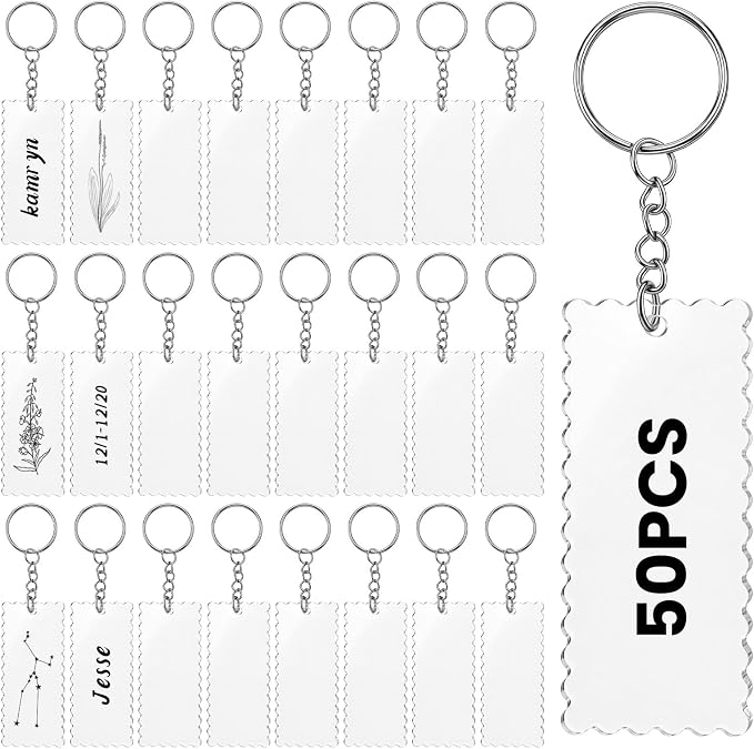 50 Sets Scalloped Clear Acrylic Keychain Blanks with Key Rings and Chains, Transparent Blank Keychain for DIY Vinyl Ornament, Name Tags, Drawing, Engraving, Decorate with Stickers