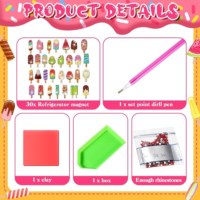 Remuuly 30 Pcs Ice Cream Diamond Painting Magnets Diamond Art Kit for Adult | Summer Refrigerator Magnets, Ice Cream 5D Rhinestone Fridge Magnetic Sticker, Small Diamond Club Gifts, Beginner DIY Crafts