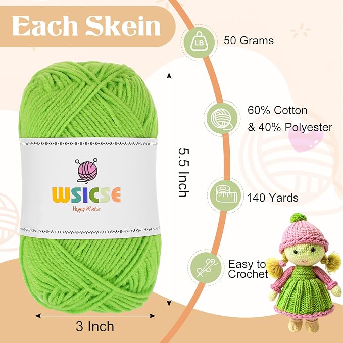 4 Pack Crochet Yarn, 560 Yard Soft Macaron Yarn for Crocheting Decor Gifts | 60% Cotton, 40% Polyester, 4 x 50G Skeins, for Crochet and Knitting, Soft, Durable, for 3-4 mm Needles, 2-3 mm Crochet Hooks