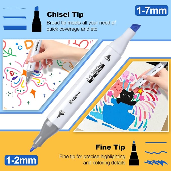 Reaeon Alcohol Art Markers 60 Colors, Dual Tip For Coloring | Chisel & Fine, Permanent Markers for Adult Coloring, Drawing, Sketching, Illustration and Painting, Art Supplie for Artist