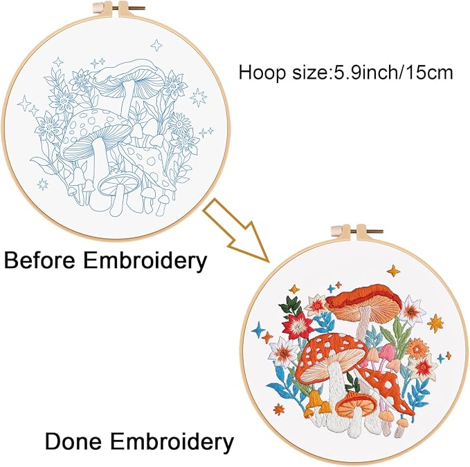 Louise Maelys Embroidery Kit for Beginners, Mushroom Canvas Makeup Bag