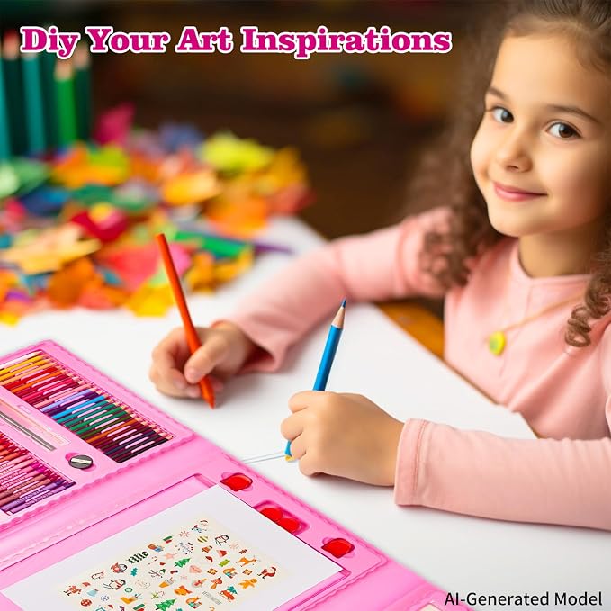 KINSPORY Art Set for Kids, 290 Pack Double-Side Easel Drawing Kits (Pink)