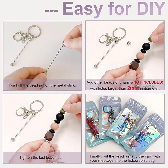 42/84/126 Pcs Beadable Keychain Bars Bulk Blank DIY Beaded Keychain Making Supplies with Bag Thank You Card