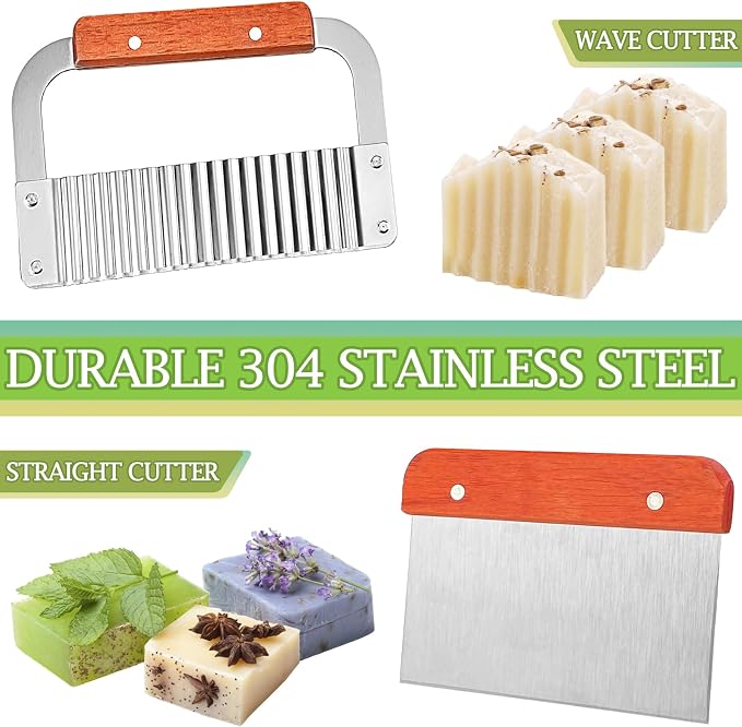 Soap Cutters with 2 Silicone Soap Molds, Upgraded Bar Rectangle Loaf Soap Mold Wood Box, Homemade Soap Making Supplies Tools Kit for Adults Beginners (Cutter with Mold)