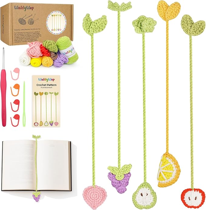 WaldyWop Crochet Kit for Beginners, 5 PCS Fruit Bookmarks Crochet Kits