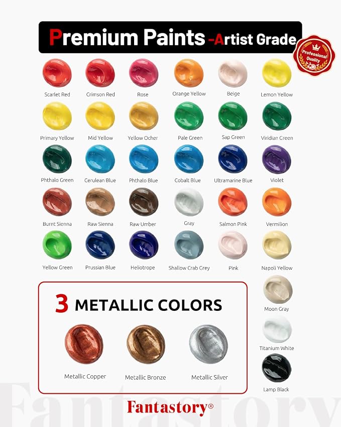Fantastory 60ml 36 Colors Acrylic Paint Set with 12 Brushes | with 12 Brushes, Chart, Palette, Scraper, Sponge - 3 Metallic, Non-Toxic, Waterproof for Wood, Rock, Canvas, Clay, DIY, 3D