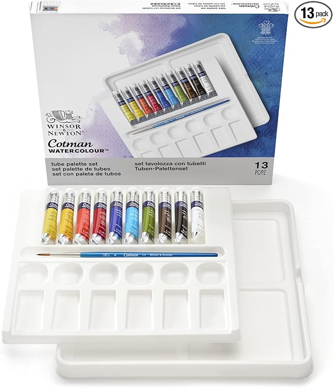 Winsor & Newton Cotman Watercolor Paint Set, 12 Colors Palette Set, 8ml (0.27-oz) Tubes w/ Brush | Introductory Watercolor made with Fine Art Pigments, Perfect for Beginners, Lightfast & Permanent, Good Tinting Strength