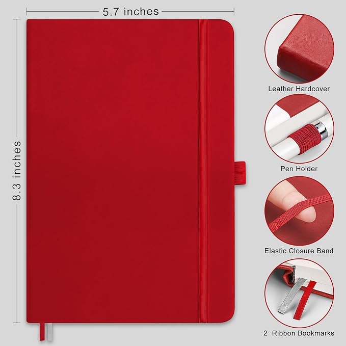 RETTACY Lined Journal Notebook, 192 Numbered Pages, A5 Size (5.7'' x 8.3'') | Leather Hardcover, 100 GSM Thick Paper, for Men & Women, Journaling, Writing, Work & Office (Red)