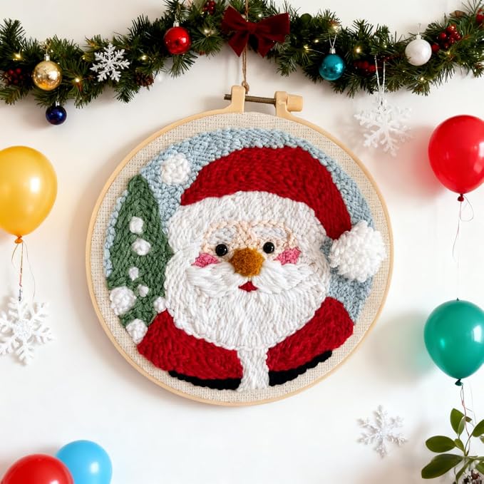 DIY Punch Needle Kits Santa Claus with Hoop 20x20cm-9