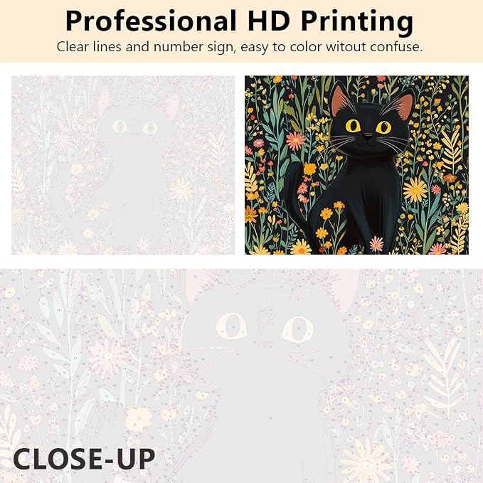 TUMOVO Adult Paint by Number, Paint by Numbers Kit for Adults - Black Cat Sitting in a Lush Field of Flowers, Cute Animal Art, Painting by Numbers on Canvas, 16x20 Inch(Framed)