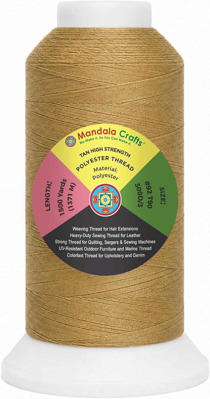 Mandala Crafts Tan Tex 90 Polyester Heavy Duty Thread for Upholstery | 1500 Yds T90 UV Resistant Strong Thread for Leather Sewing, Marine, Drapery, Jeans, Hair Weaving & Extension, Outdoor