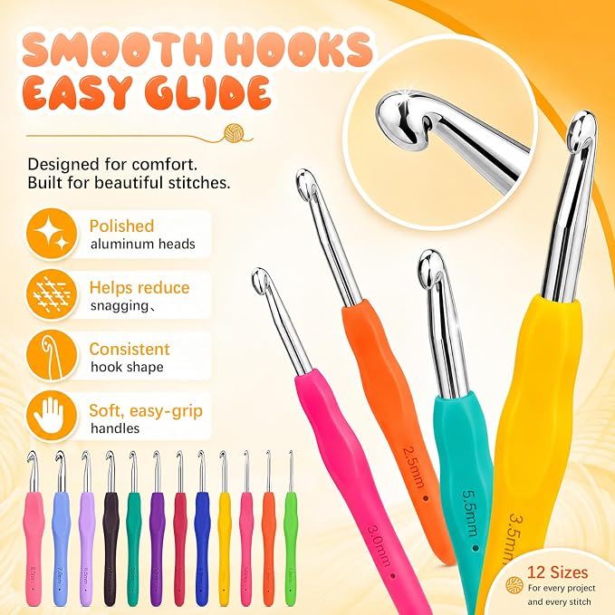 Crochet Hooks 12 Sizes Crochet Hook Set, 50 Pack Yarn Crochet Kit for Beginners, Knitting Needles with Ergonomic Handles for Arthritic Hands, Crochet Needle Kit with Blue Case for Crocheters