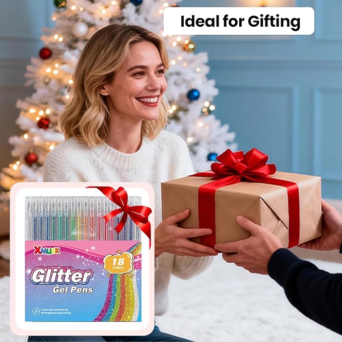 Xmusk 12 Colors Glitter Gel Pens Set with A5 Sketchbook (50 Sheets 120gsm)