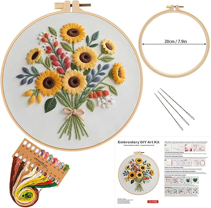 Sunflower Embroidery Kit for Beginners - All in One DIY Cross Stitch Starter with Hoop, Pre-Printed Fabric, Embroidery Threads, Needles,Perfect Craft Gift for & Home Decor