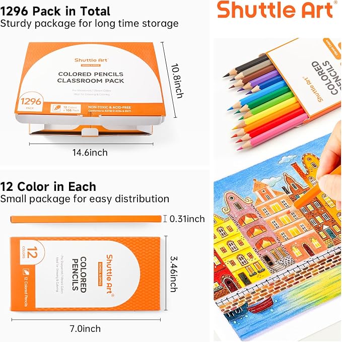 Shuttle Art 1296 Colored Pencils Bulk, 12 Colors, 108 Pack for Classroom | Pre-sharpened pencils, vibrant colors, bulk colored pencils for kids and classrooms