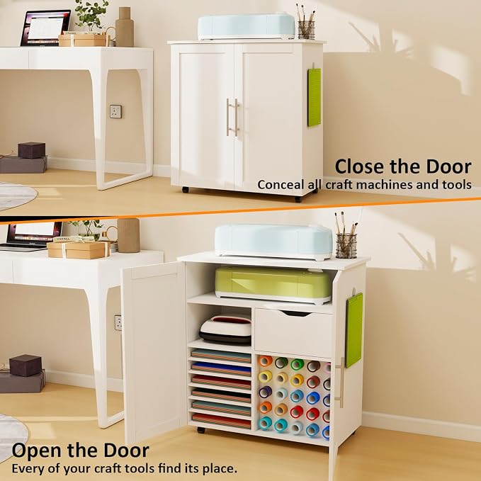 Craft Cart Cabinet Compatible with Cricut for Storage Organization, Rolling Craft Cabinet Table Stand Workstation with Vinyl Roll Holder with Wheels for Craft Room Organizer 31.6"W x 15.8"D x 33.7"H