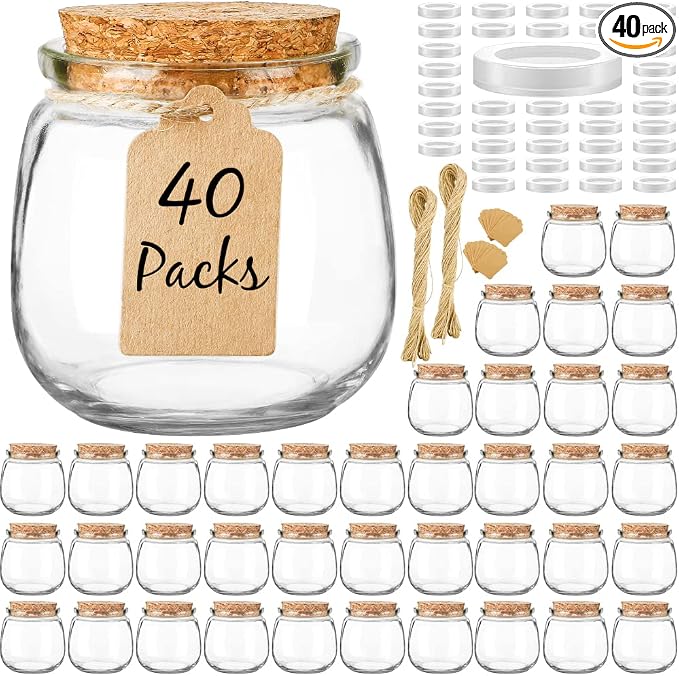 Syntic 40 Pack 7oz Small Glass Jars with Cork Lids,Mason Jars | PE Lids,Twine & Labels for Candle Making,Yogurt,Wedding Favors,Spice Storage,Dessert Cups,Party Decorations & DIY Crafts