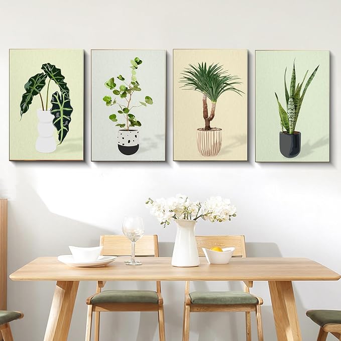 4 Pack Framed Paint by Numbers Kit for Adults Green Plant with Wooden Easel | With Frame Canvas 8x12 IN, For Adults Beginner, DIY Acrylic Painting Plants, Stress Relief Craft Kits, Home Wall Decor Gift