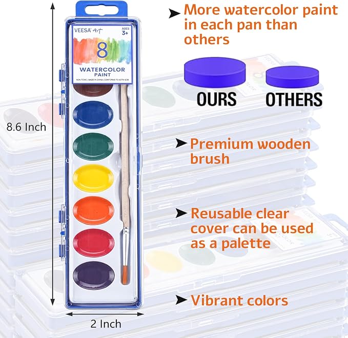 Washable Watercolor Paint Set for Kids, 24 Pack, 8 Colors | with Wood Brushes, Non-Toxic, for Classroom, Party Favors & Homeschool