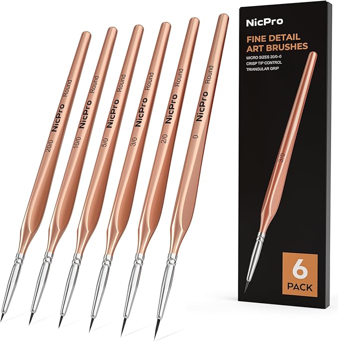 Nicpro Detail Paint Brushes, 6 PCS Extra Fine Tip Miniature Paint Brush Set | 20/0-0 Round Micro Tiny Small Brushes for Acrylic Watercolor Oil Model Painting Rock Crafts Paint by Numbers Adult Art Kit