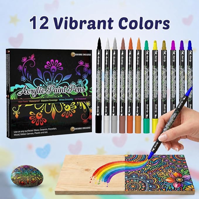 Desire Deluxe Acrylic Paint Pens for Rock Painting, Stone, Ceramic, Glass, Wood, Canvas – Set of 12 Non Toxic Water Based Markers - Great Artists Painting Supplies (Dual Tip Multicolor, 12)