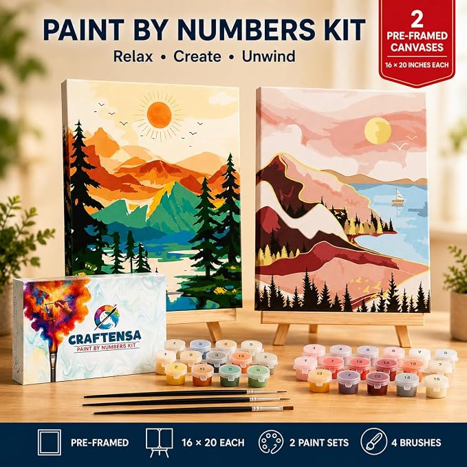 Craftensa 2 Pack Pre-Framed Paint by Numbers Kit for Adults & Beginners, 16x20 inches Landscape Canvases, DIY Acrylic Painting Set, Ready to Hang Wall Decor, Relaxing Creative Gift for Women & Men