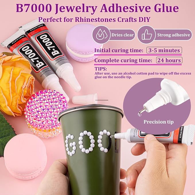 Resin Jelly Rhinestones for Crafting with B7000 Jewelry Glue, 1 Box White Flatback Crystal with 3Pcs 10ml Glue, Bedazzling Non Hotfix Gems for DIY Tumblers Clothing Shoes Manicure