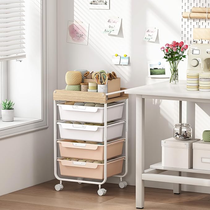 SYKIARIOL Rolling Craft Storage Cart with 4 Drawers,Kids Art Cart,Pearl | Utility Cart with Drawers,Art Craft Organizers and Storage,Kids Craft Cart With DIY Lable and Wooden Tabletop Area