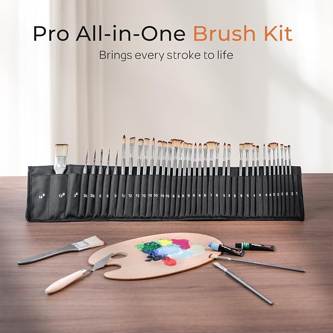 Nicpro 40 PCS Paint Brush Set, Professional Acrylic Paint Brushes | Suitable for Acrylic Painting, Oil, Watercolor, Gouache, Includes Palette Knife & Canvas Roll, Painting Supplies for Artist