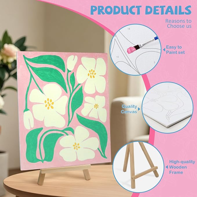 Goldentime 8 Pack Paint by Numbers Kit for Adults and Kids Beginners | 8x10 Inch Flower Canvas Painting Kit with 16 Brushes, 26 Acrylic Paints & Wooden Supports | Predrawn Canvas for Home Decor Gifts