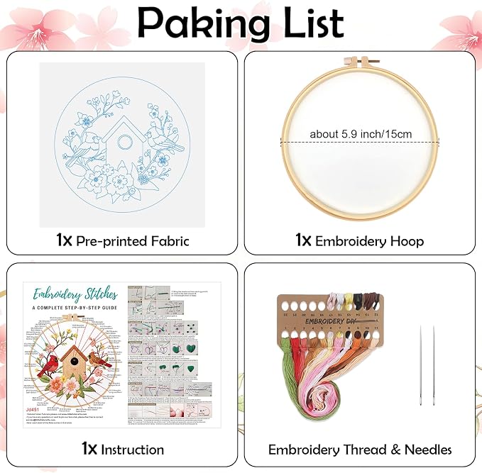 Louise Maelys Cardinal Birdhouse Flowers Embroidery Kit for Beginners | Adults Starter Cross Stitch Kits with Cardinal Pattern, Complete Needlepoint Kit with Hoop, Threads, Needles and Guide